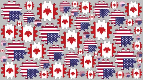 american and canadian flag gears spinning background