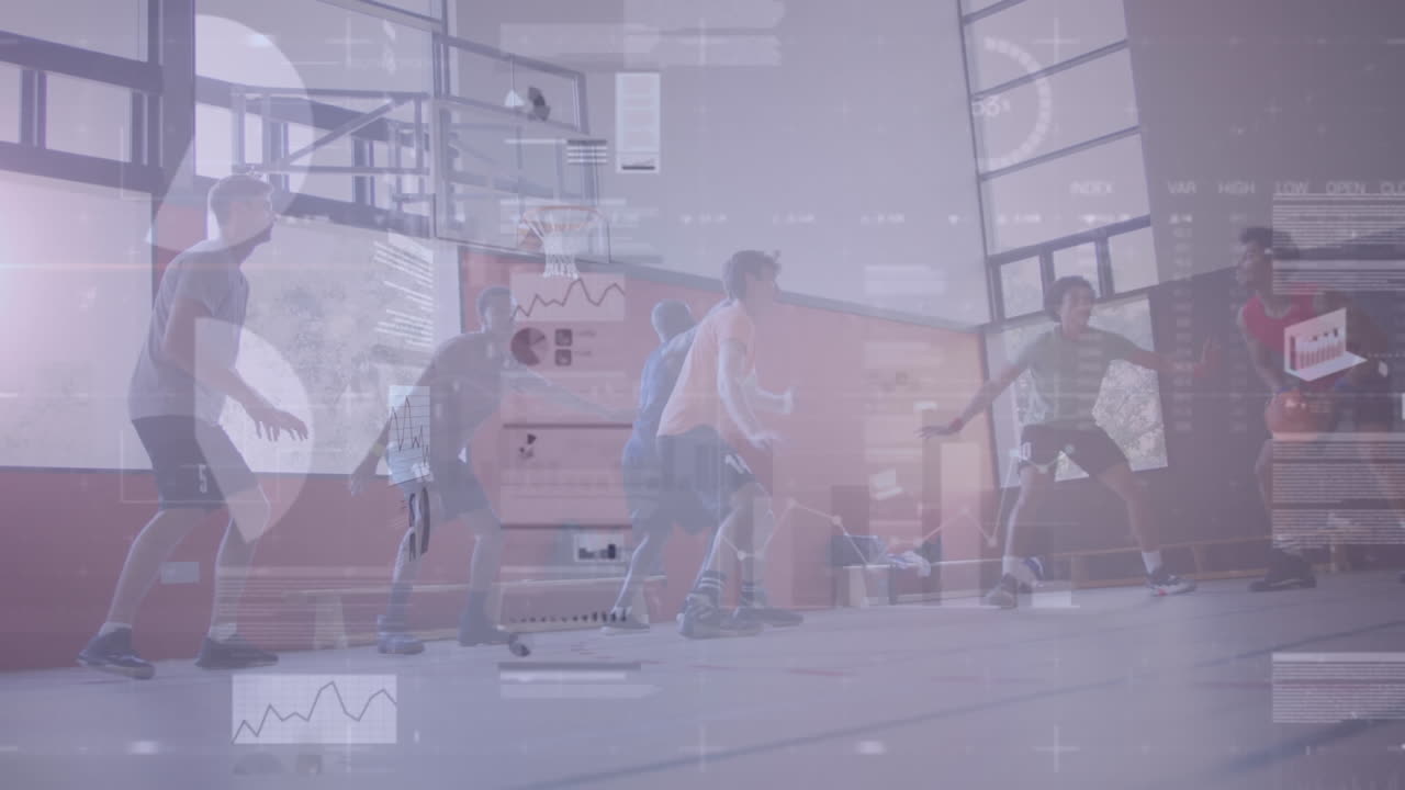 Animation av finansiell databehandling över en mångfaldig grupp manliga basketspelare i ett gym.