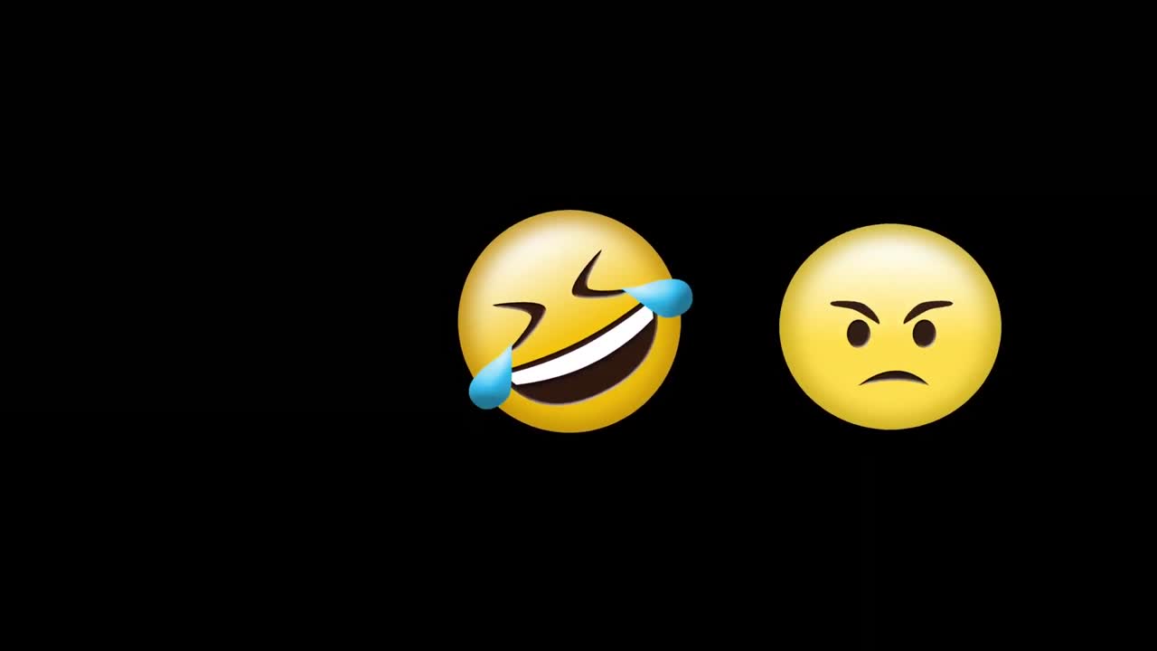 Digital animation of laughing and angry face emojis against black background