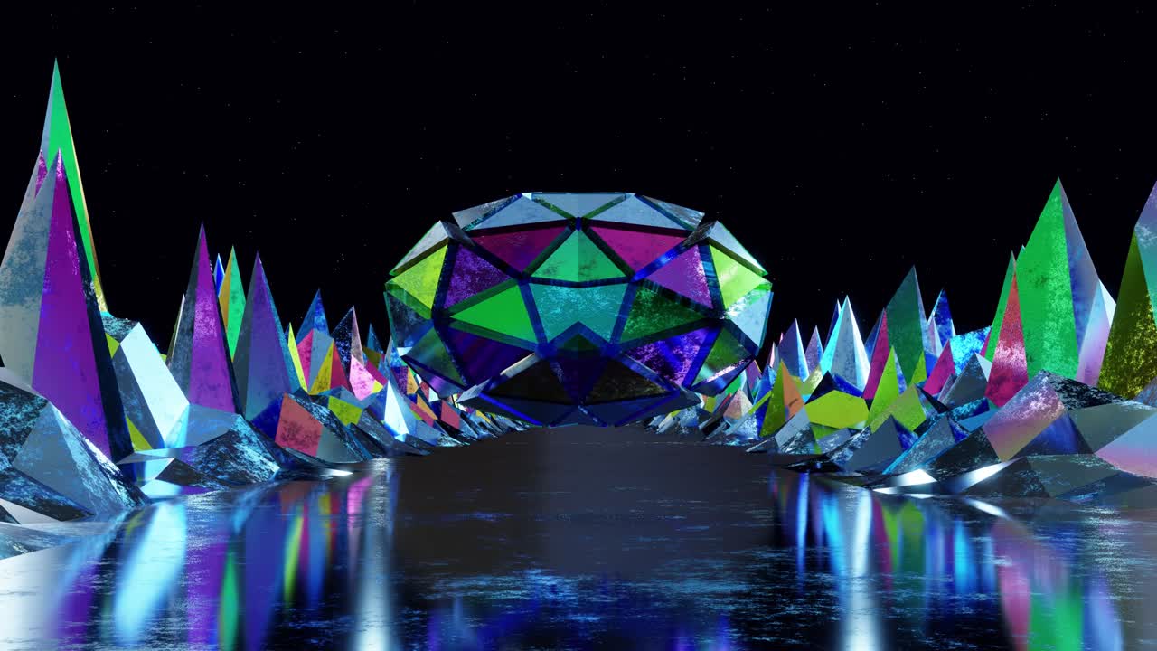 animación de bucle vj de un ovni volando sobre una superficie de río de neón rodeado de montañas de neón