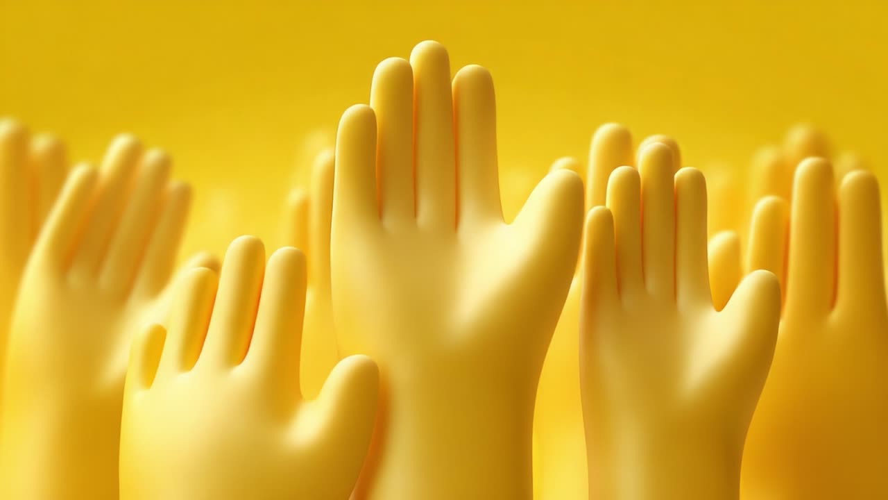 A Vibrant Display of Yellow Rubber Hands Reaching Up Against a Bright Yellow Background, Symbolizing Enthusiasm, Unity, and Collective Action in a Creative Setting