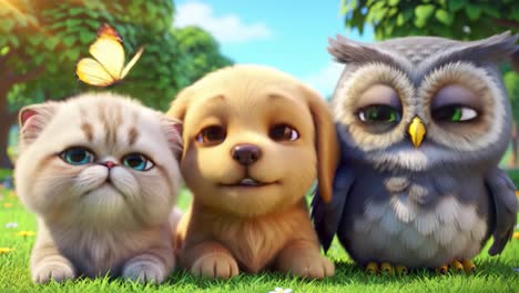 adorable trio of cartoon pets: a playful puppy, cute kitten, and wise owl enjoying a sunny day surrounded by colorful butterflies in a lush green field