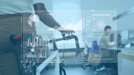 animation of interface with data processing over mid section of a woman with bicycle at office
