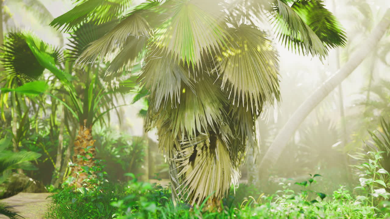Tropical oasis with palm trees and vibrant green foliage in morning light