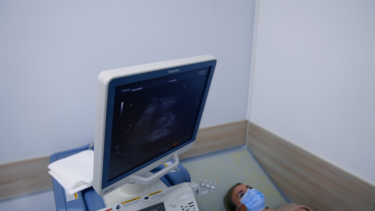 Screen of ultrasound machine showing inner organs scan. Male doctor checks female patient's kidneys. High angle view.