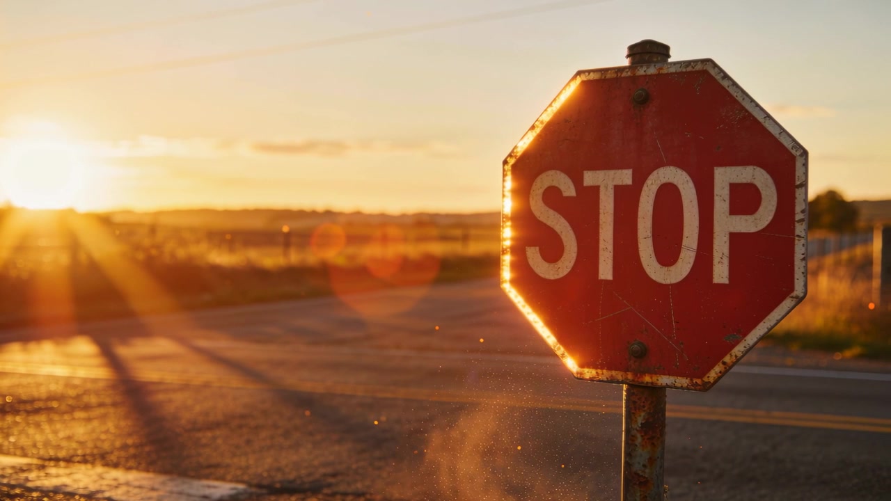 Leuchtendes achteckiges rotes Stoppschild nimmt warmen Ton am Straßenrand an, sinkende Sonne, wehender Staub, mit Platz für Text.