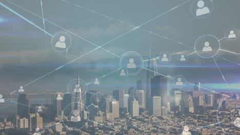 animation of network of connections over cityscape