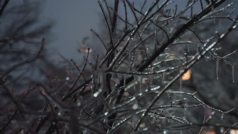 close-up of frosted bare tree branches covered in icicles and snowdrops, with glowing light in the background creating a magical winter atmosphere and a softly blurred building behind