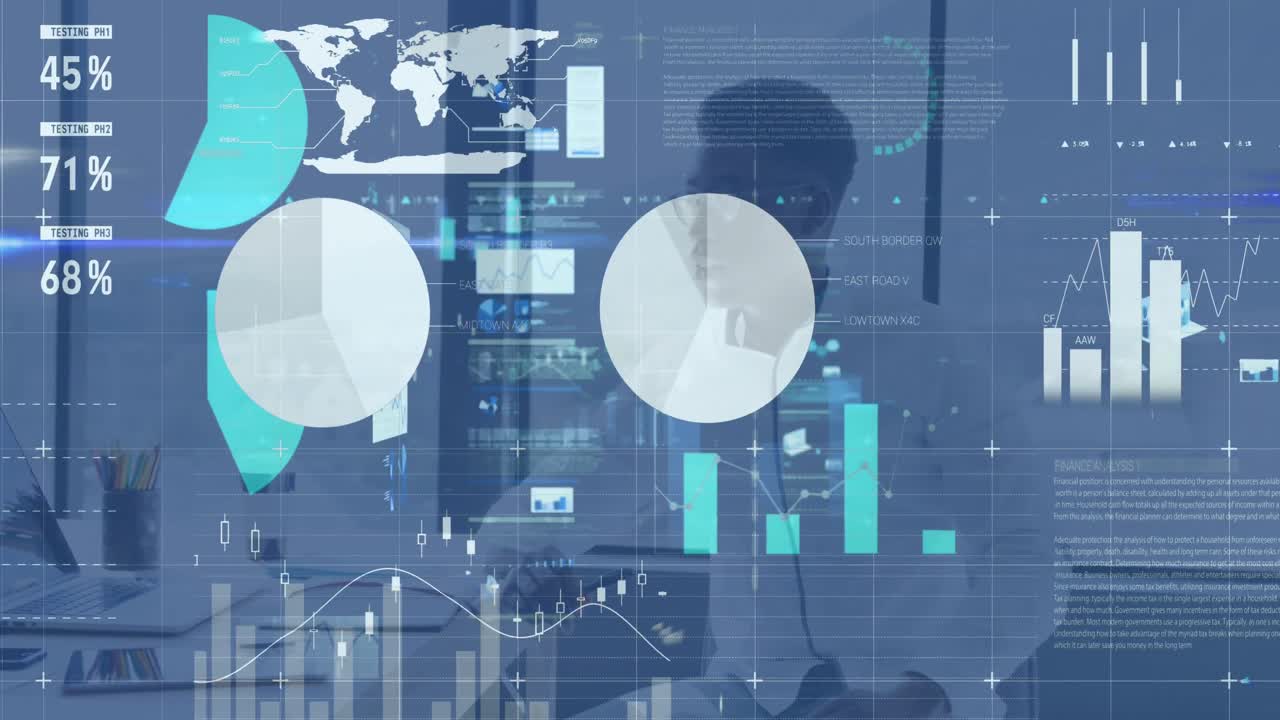 Animation of financial data and graphs over african american businessman in office