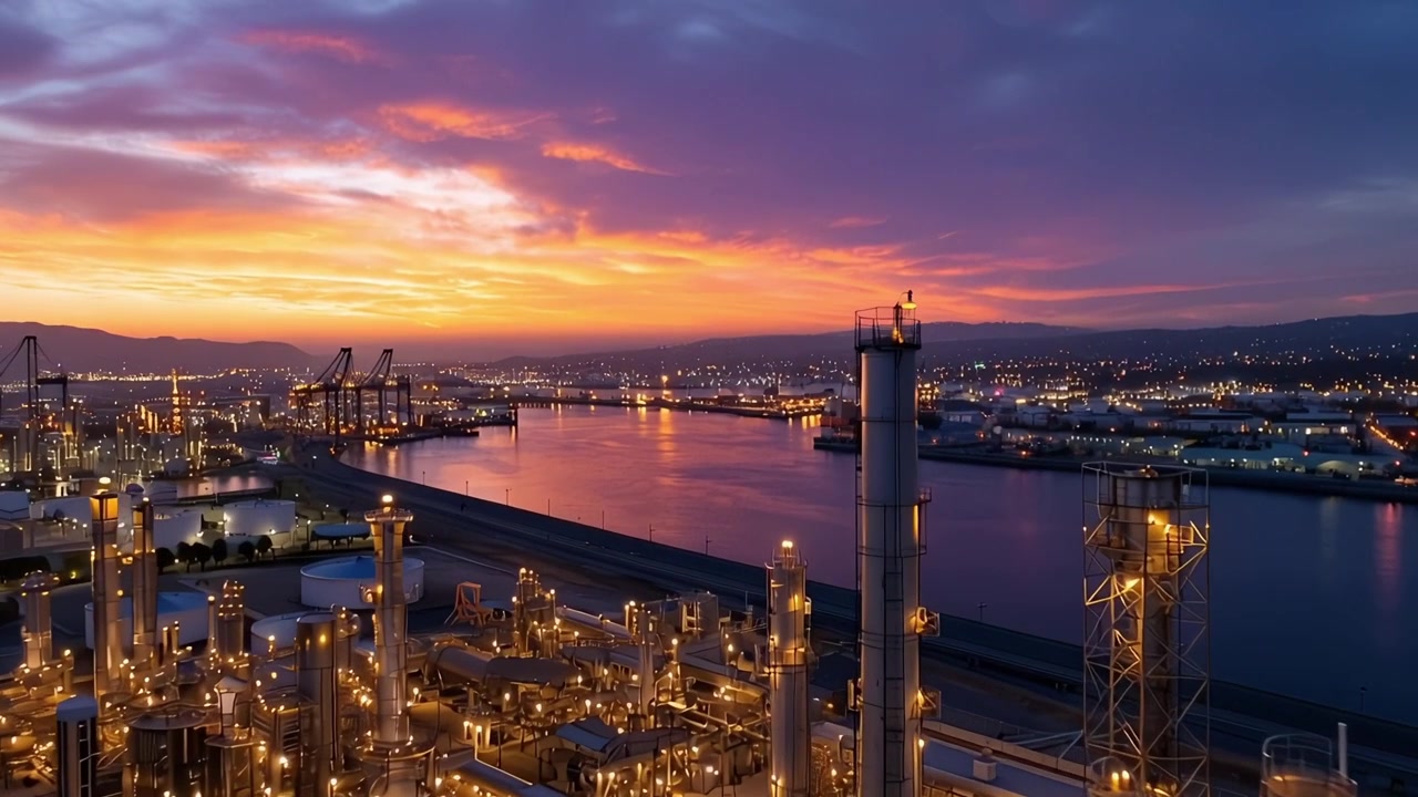 Un paysage industriel époustouflant au coucher du soleil avec des structures illuminées, de l'eau réfléchissante et des ciels vibrants, capturant la beauté de la production d'énergie et des infrastructures