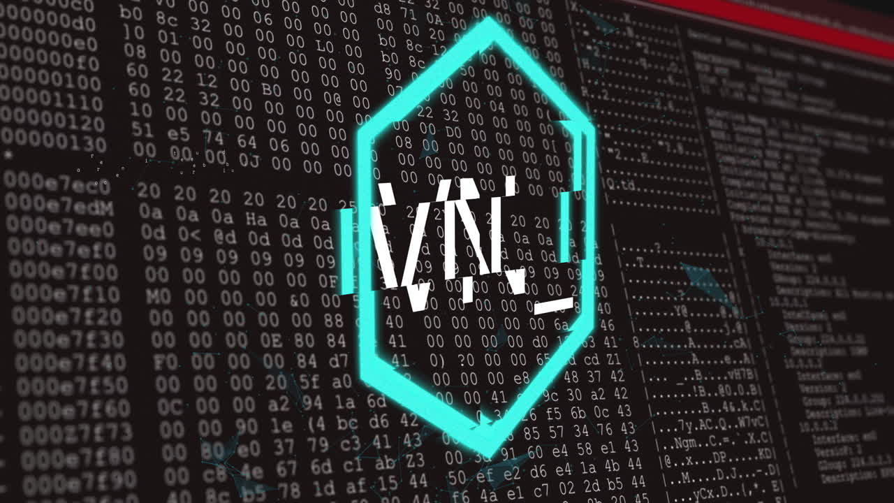 Animation of hexagonal logo with OGV on digital coding background