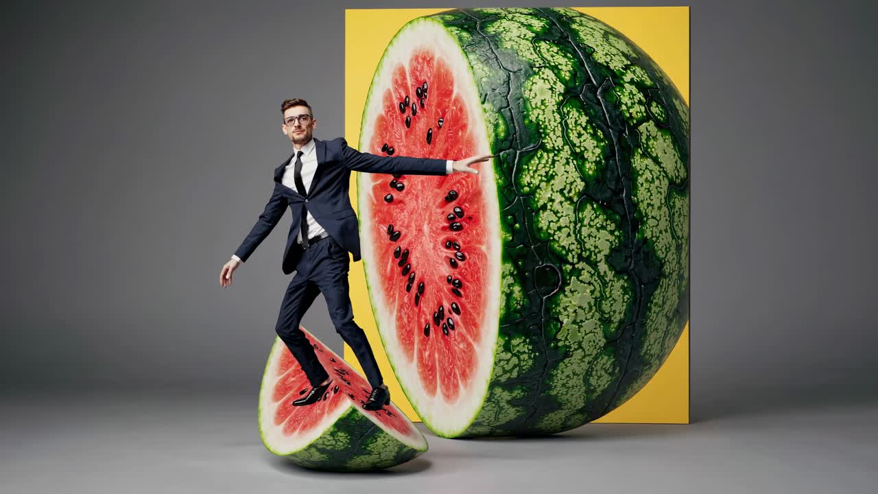 Forretningsmand surfer på en vandmelon