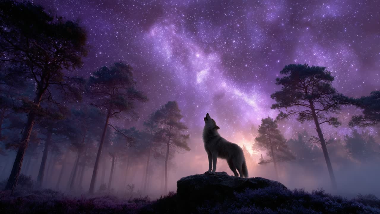 A Majestic Wolf Howling Under a Celestial Night Sky, Surrounded by Enchanting Forests and Brilliant Stars, Illustrating the Harmony of Nature and the Cosmos