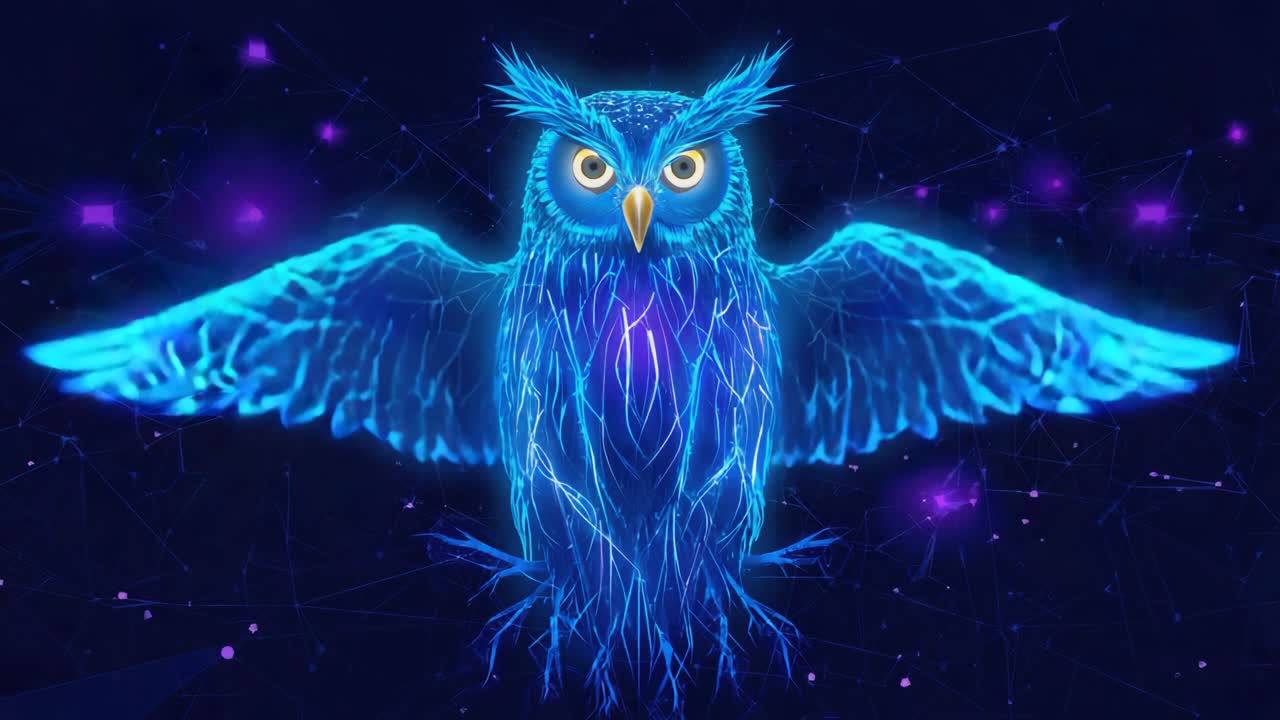 Arte digitale di un gufo blu neon