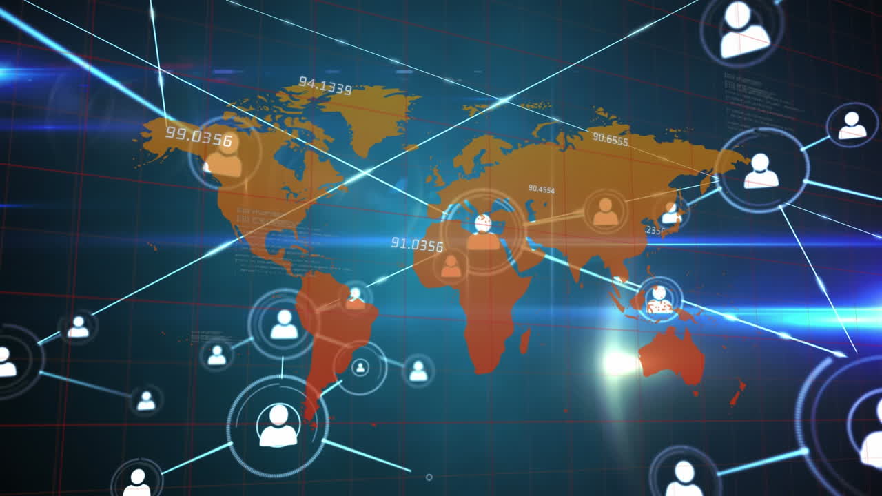 세계 지도 위의 프로필 아이콘 네트워크의 애니메이션과 검은색 배경의 파란색 빛 트레일
