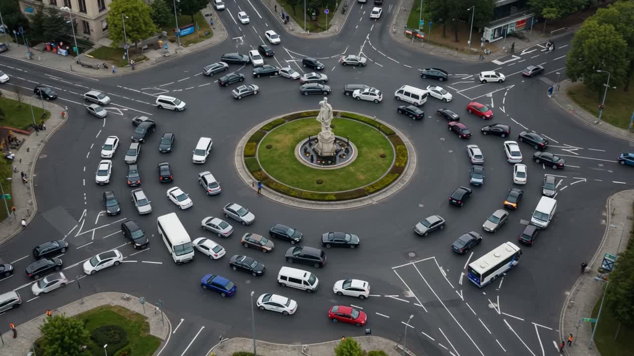 Aerial View of Traffic Flowing Around a Central Roundabout with a Statue Surrounded by Vehicles in Various Directions, Highlighting Urban Transportation Dynamics