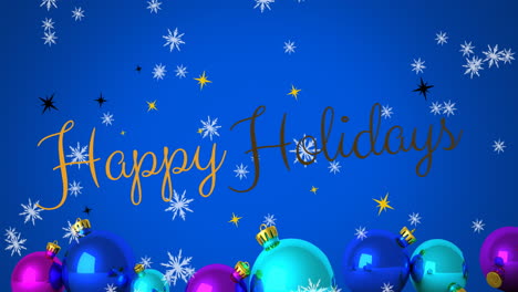 animation of snowflakes falling over happy holidays text banner and baubles on blue background