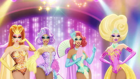 animated drag queens on a colorful stage performance
