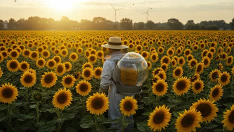 a sunlit morning in a vibrant sunflower field: a dedicated farmer tends to nature's bounty while harnessing sustainable practices for future growth