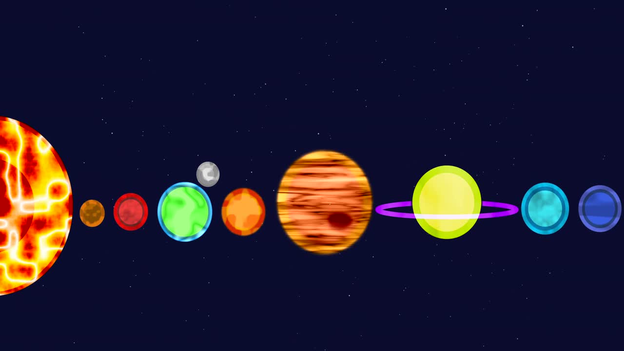 Solar system with sun and planets in a row