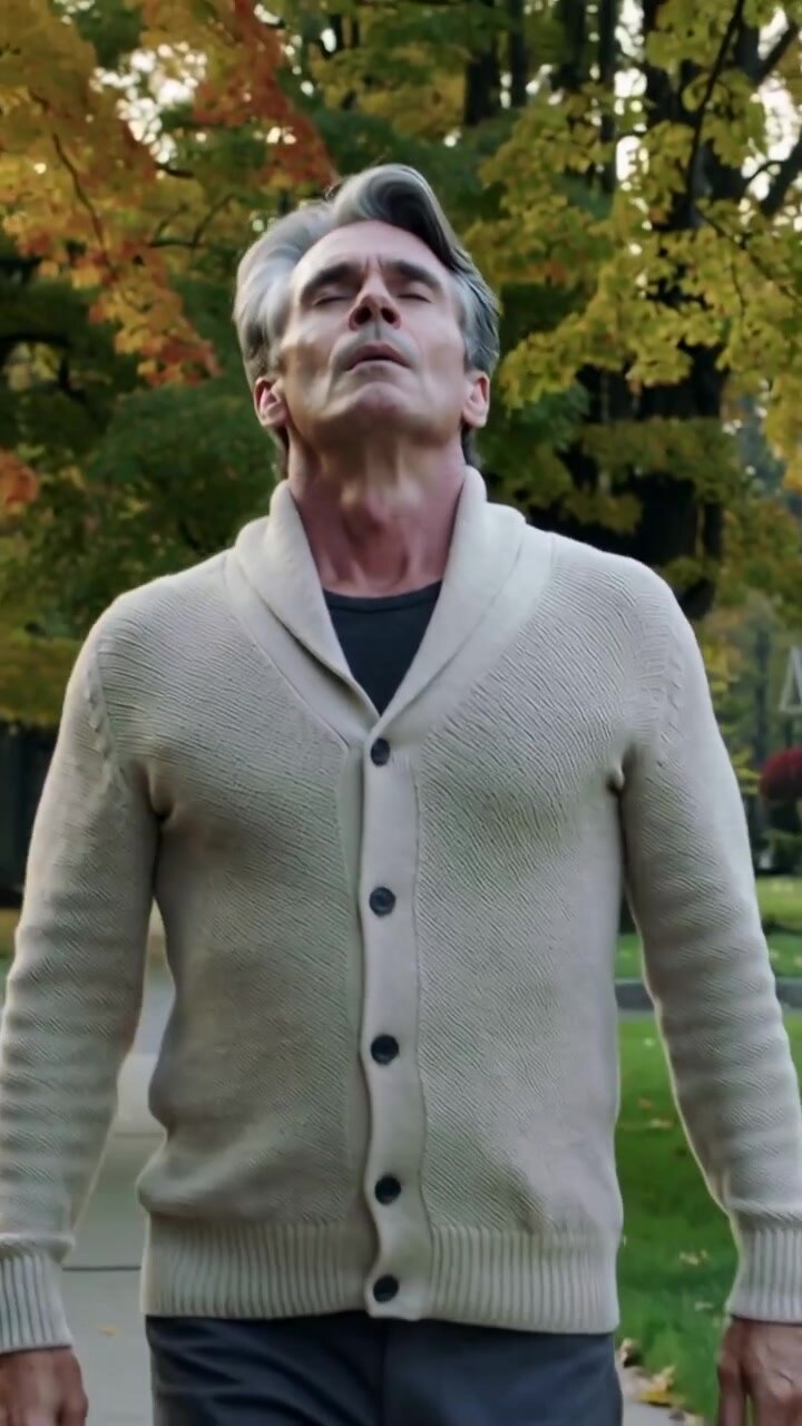 Vertical video: Walking man lifting chin inhaling autumn air on sidewalk by trees wearing cardigan