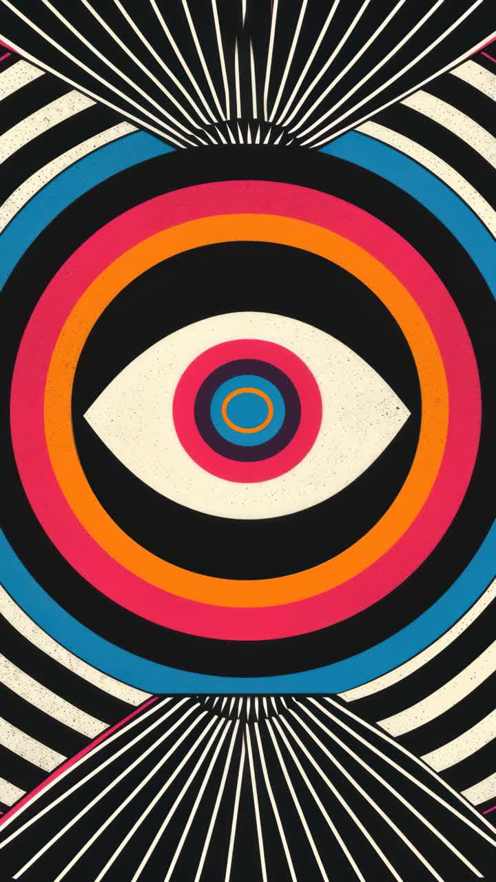 Psychedelic eye design with concentric circles in vibrant colors. Top-down angle, ideal for a retro