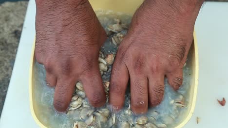 after pouring water into the bowl filled with black clam meat , traditional outdoor cooking , water fills from can