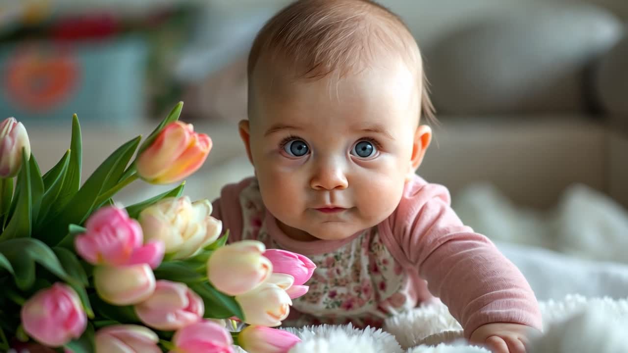 Adorable baby with blue eyes lying next to a bouquet of pink tulips