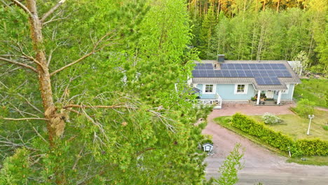 aerial tracking shot revealing a self-sustainable house, summer in rural finland