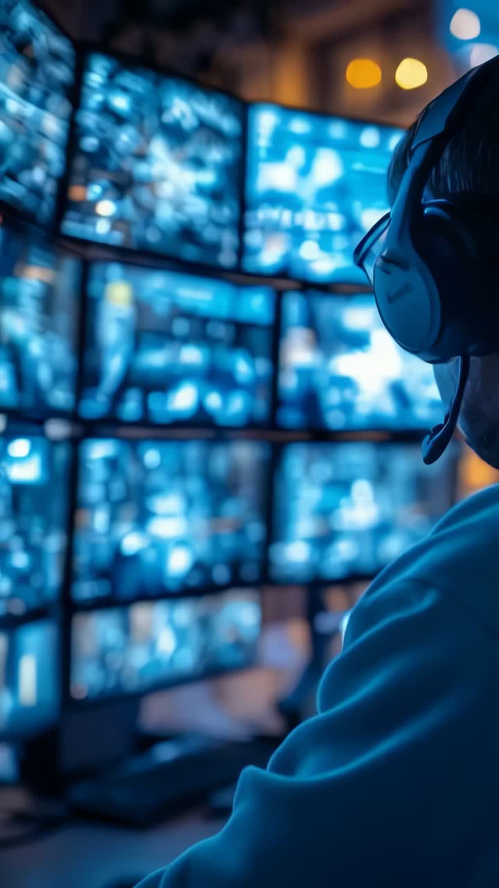 Male officer works on a computer with surveillance CCTV video footage in a monitoring center.