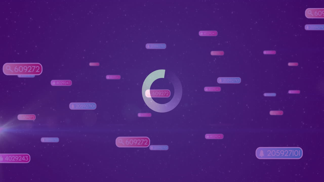 Animation of rotating circular graphic with floating numbers on purple background