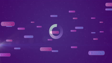 animation of rotating circular graphic with floating numbers on purple background