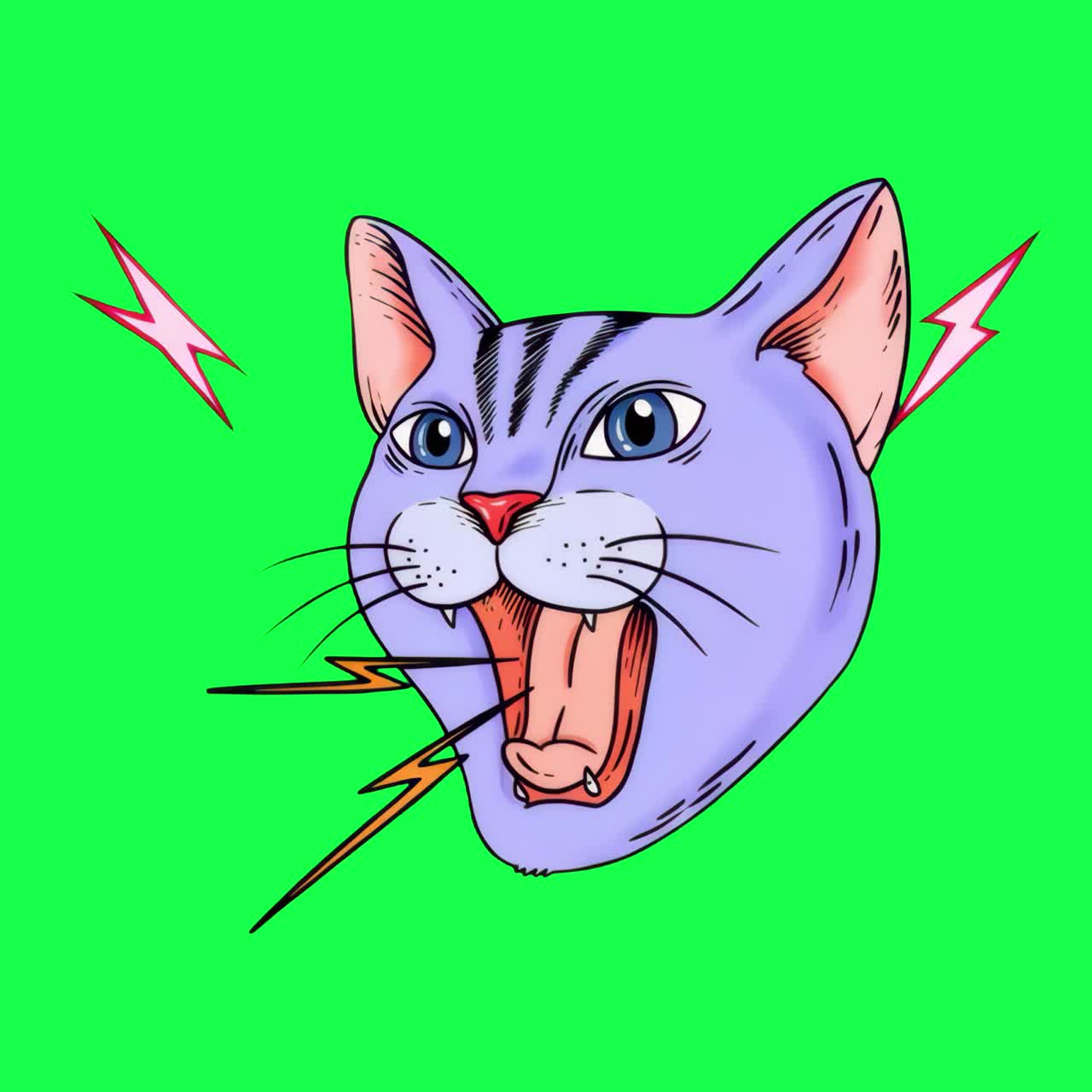 Colorful illustrated cat head animation, transparent 4K video, green screen
