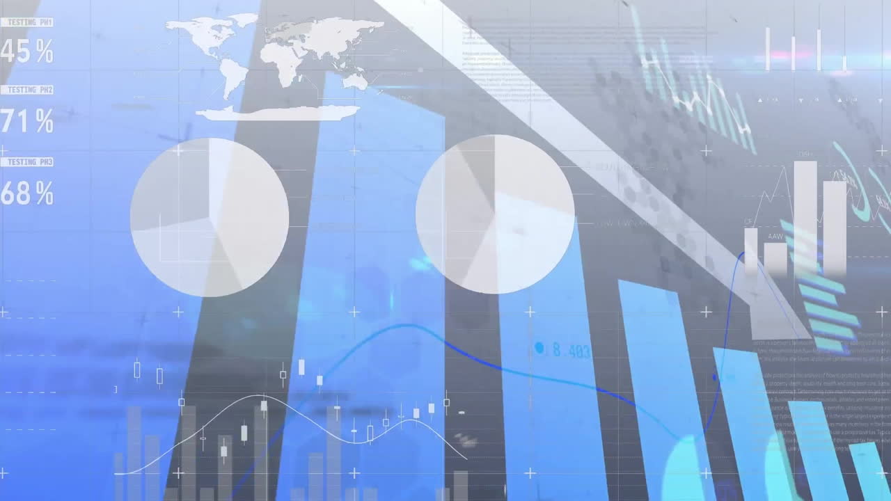 Animation of financial data processing over dark background