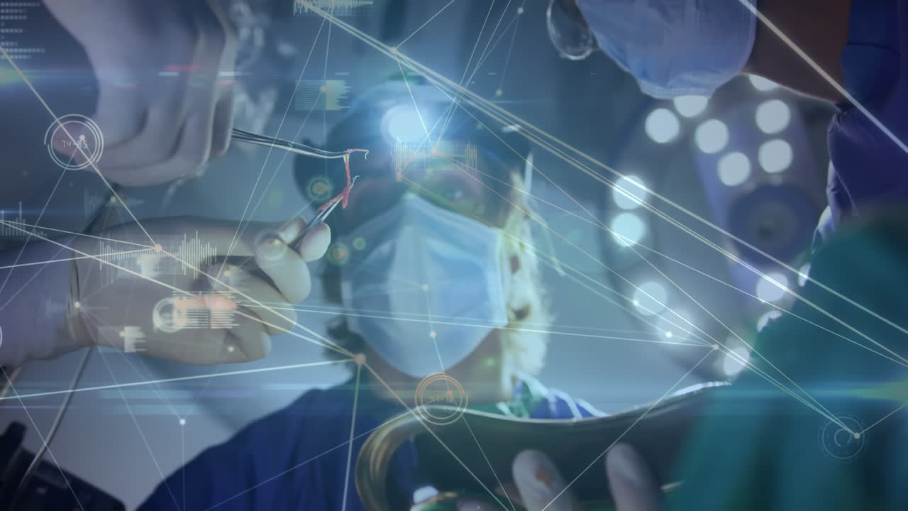 수술실에서 외과 의사들에 대한 연결 네트워크와 데이터 처리의 애니메이션