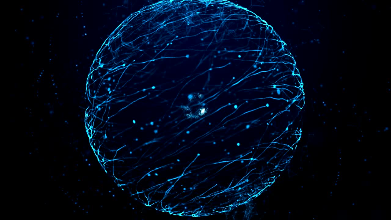 Blue particle energy sphere. Abstract technology, science, engineering and artificial intelligence motion background.