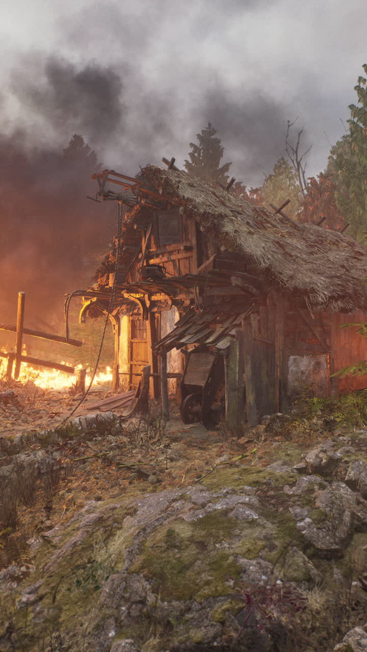 una cabaña de madera en llamas en el campo