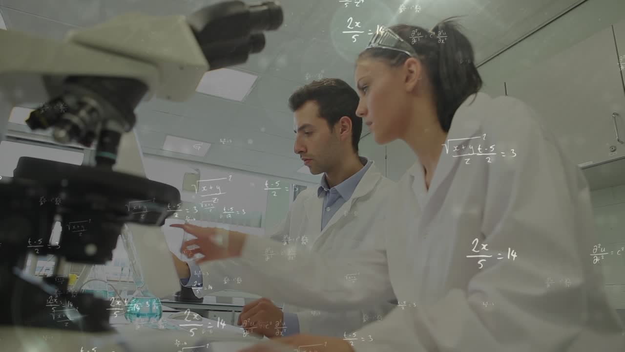 Animación de ecuaciones matemáticas sobre diversos científicos en un paisaje urbano de laboratorio
