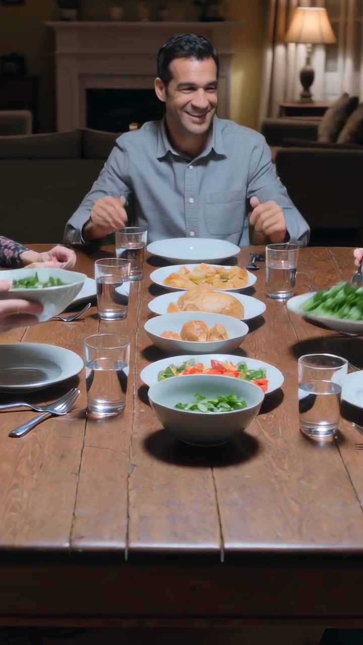 Video vertical: Hombre adulto con camisa gris pasando un tazón de ensalada en una mesa de madera, comenzando la comida