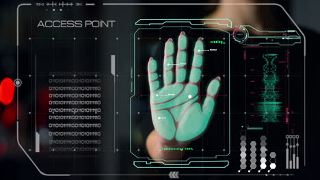 Biometrical palm system accessing user connection identifying hand print closeup
