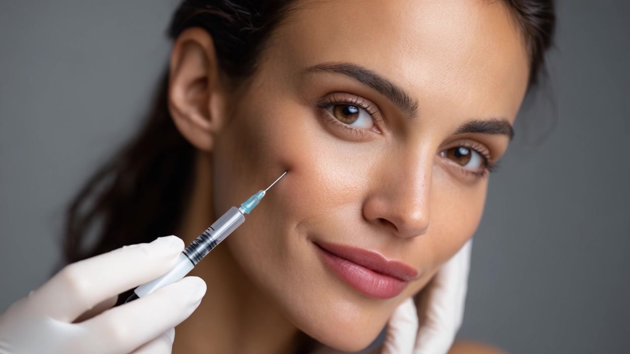 Una donna sicura di sé si prepara per un trattamento di bellezza, mettendo in mostra la sua pelle radiosa e il suo sorriso mentre tiene una siringa, enfatizzando la cura di sé e le procedure estetiche.