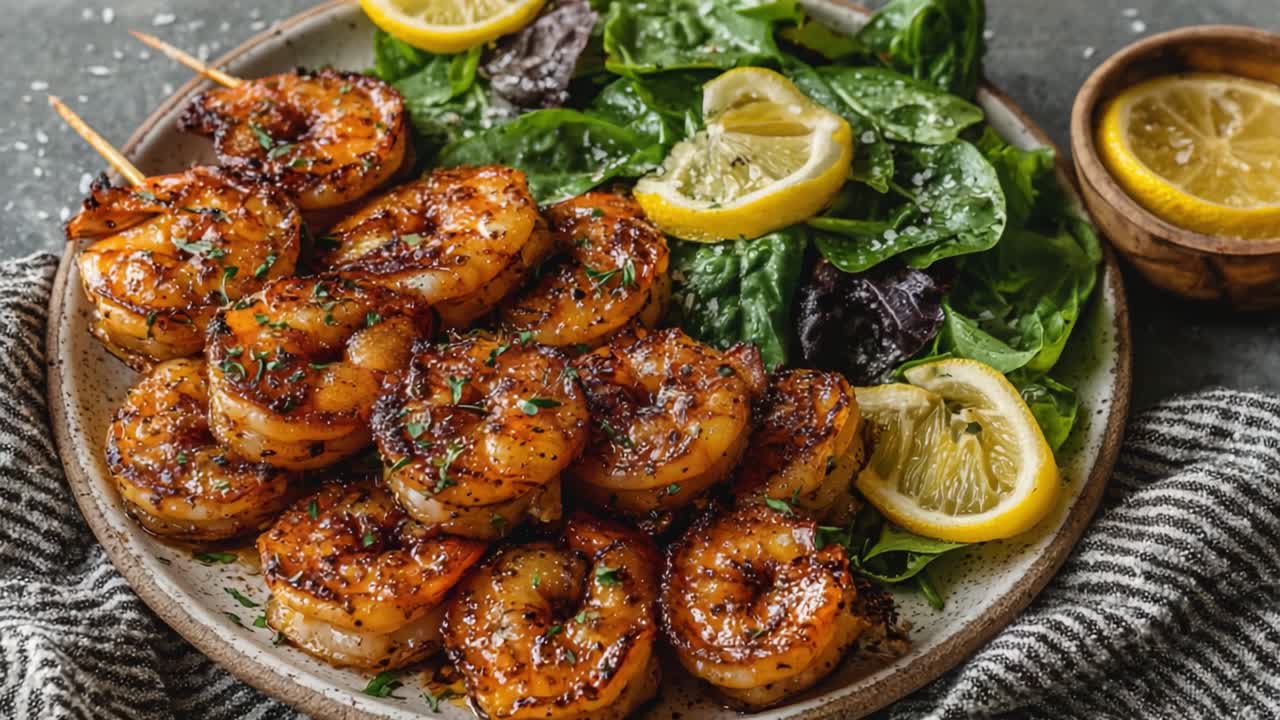 Delicious Grilled Shrimp Platter Served with Fresh Greens and Lemon Slices, Perfectly Seasoned and Garnished for a Flavorful Culinary Experience