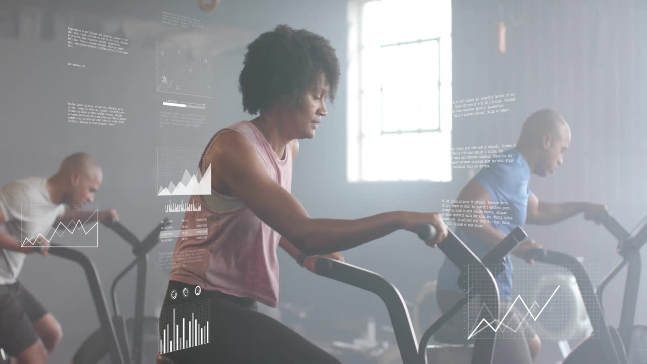 체육관에서 타원형 자전거를 사용하는 다양한 스포츠 선수에 대한 다이어그램과 데이터 처리의 애니메이션