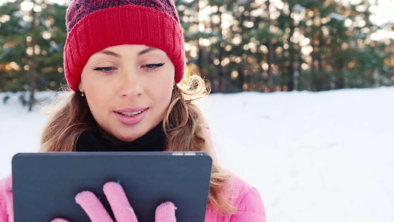 눈 덮인 숲에서 gps 내비게이션이 있는 태블릿을 사용하는 젊은 여성 6