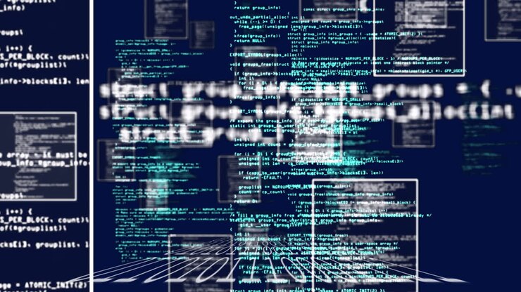 Animation von Computersprache und Binärcodes auf schwarzem Hintergrund