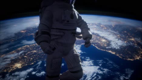 Astronauta-En-El-Espacio-Ultraterrestre-Contra-El-Telón-De-Fondo-Del-Planeta-Tierra.-Imagen-De-La-Tierra-Provista-Por-La-Nasa