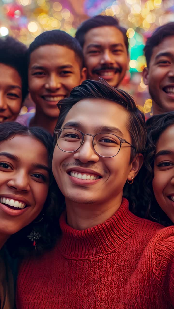 Vertical video: Smiling man red knit leaning as camera moving closer for selfie at party, glasses