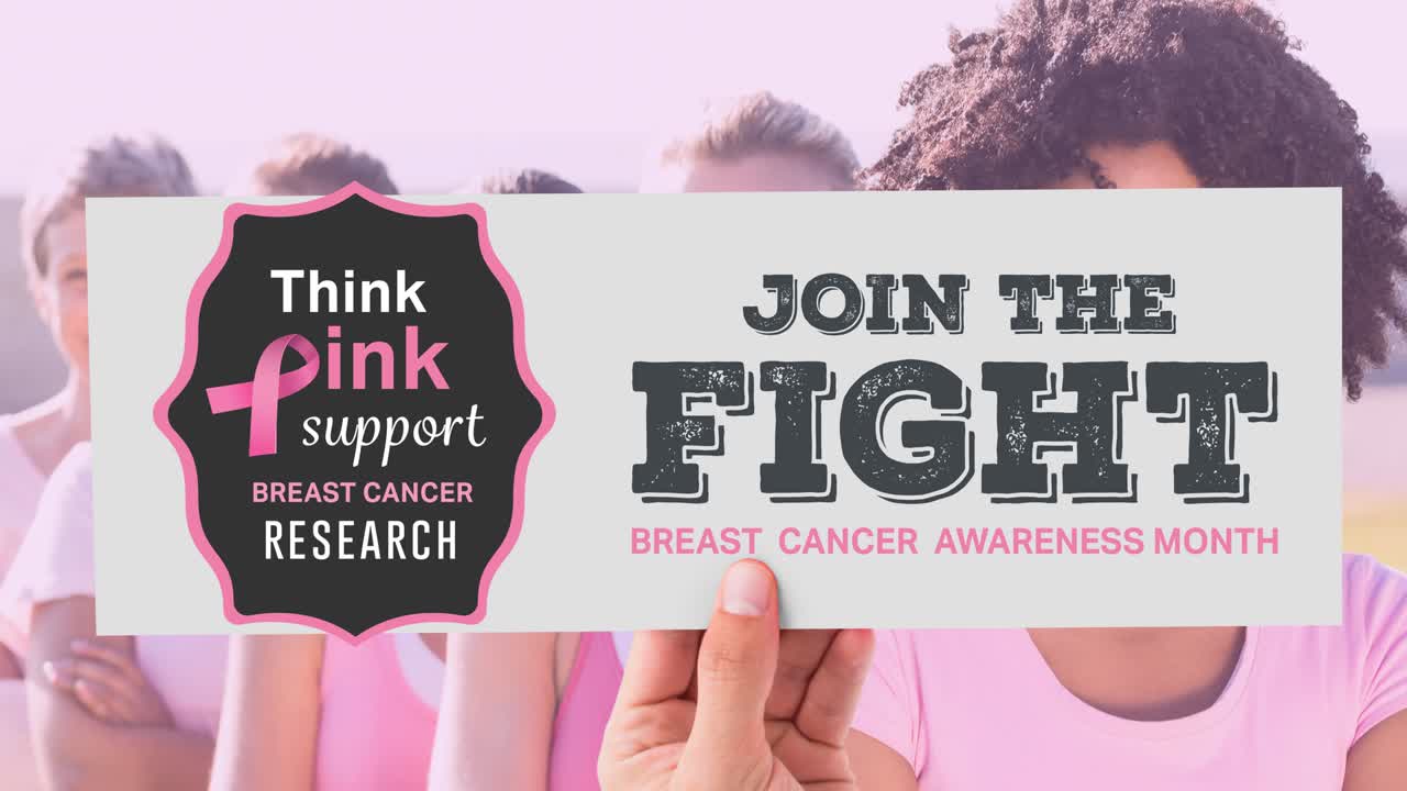 분홍색 리본 로고와 유방암 텍스트의 애니메이션이 다양한 여성 그룹 위에 있습니다.