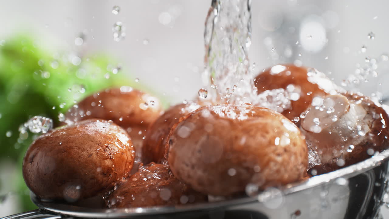 Washing Portobello Mushrooms In A Colander Under A Stream Of Water Splashing in Slow Motion