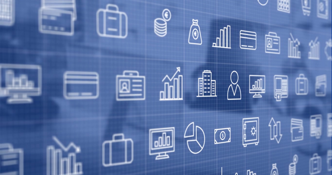 Animation of icons and data processing over work station in office